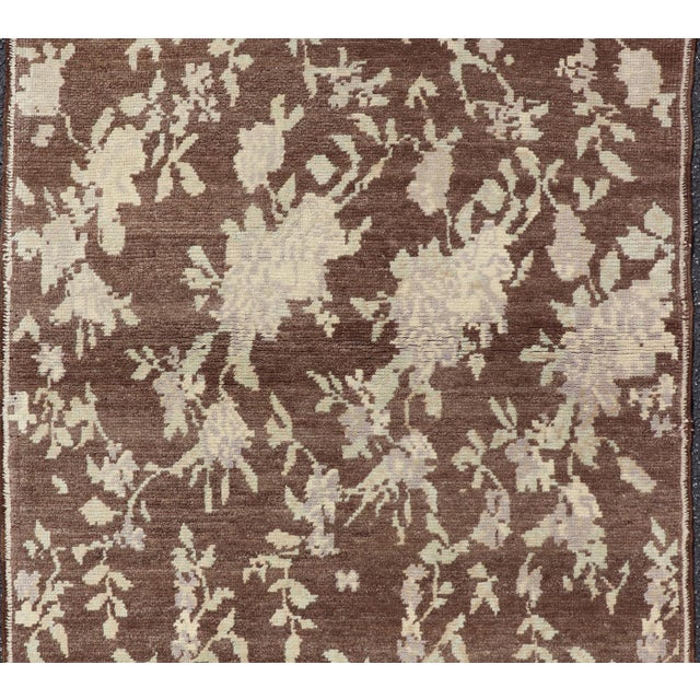 Mocha Vintage Turkish Oushak Rug With Free-Flowing Green & Cream Flower Blossoms For Sale - Image 4 of 11