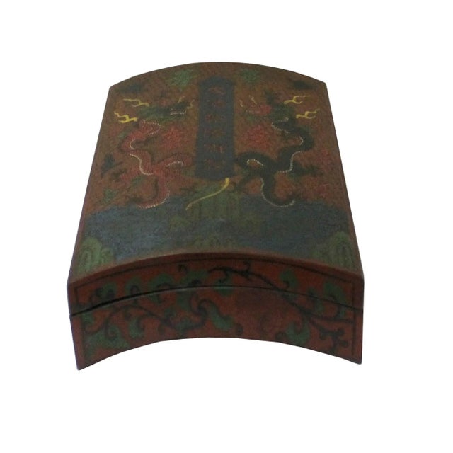 2010s Chinese Distressed Orange Red Dragon Graphic Rectangular Curved Shape Box For Sale - Image 5 of 9