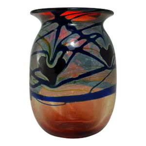 1970s Michael Pavlik Art Glass Vase, Burnt Red With Opalescent and Cobalt Decoration, Signed