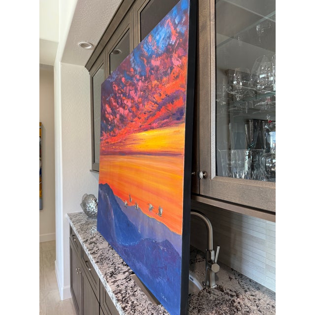 2020s Large Contemporary Oil Painting Cranes Over Sunset 48x48” For Sale - Image 5 of 17