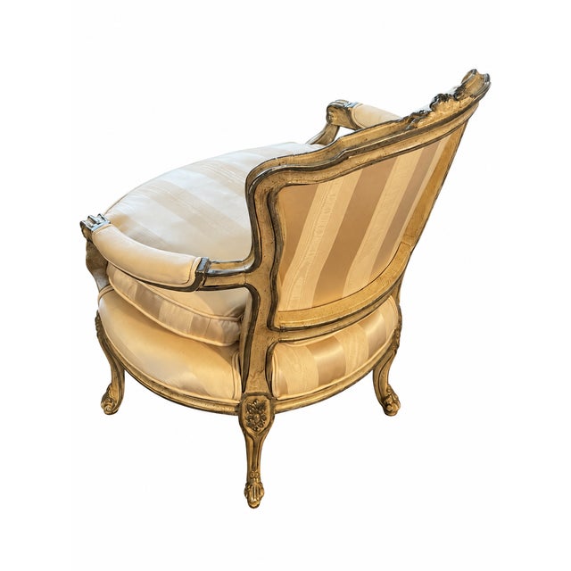 Louis XV–Style Gold Tufted Armchair With Coordinating Damask Fringed Footstool For Sale - Image 13 of 13