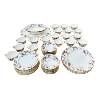 Minton Ancestral Bone China Collection S-376 Scalloped Gold Trim Floral Motif, Set of 56, Teacups, Saucers, Plates, and More For Sale
