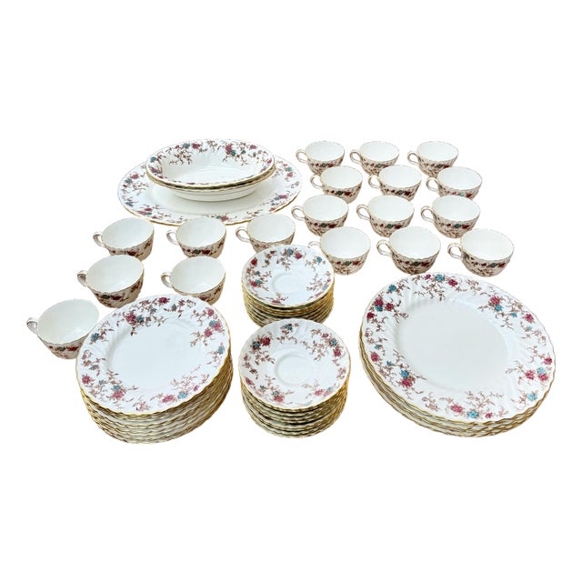 Minton Ancestral Bone China Collection S-376 Scalloped Gold Trim Floral Motif, Set of 56, Teacups, Saucers, Plates, and More For Sale