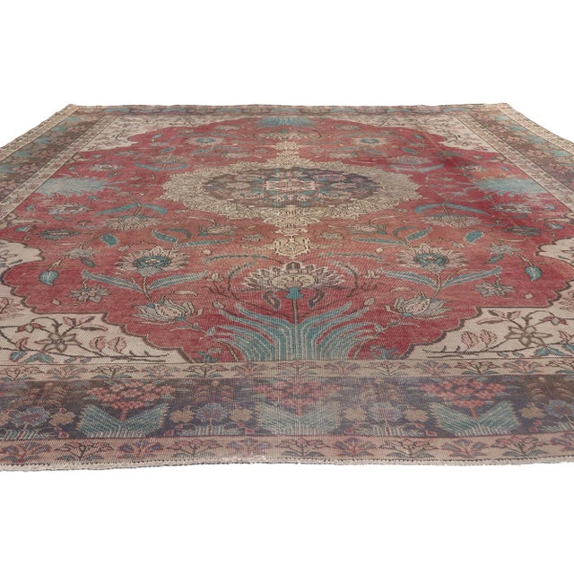 Rustic Mid 20th Century Rustic Vintage Persian Tabriz Rug - 08'09 X 10'09 For Sale - Image 3 of 9