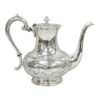 Vintage Victorian Silver Plated Floral Repousse Tea Kettle Teapot W/ Monogram For Sale