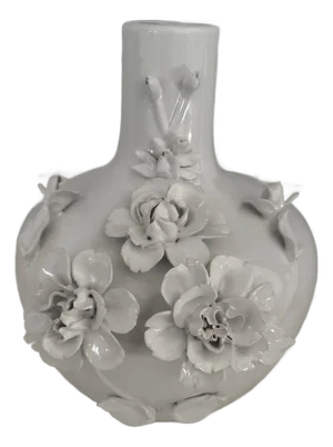 White Porcelain Polspotten Vase with 3D Floral Motif