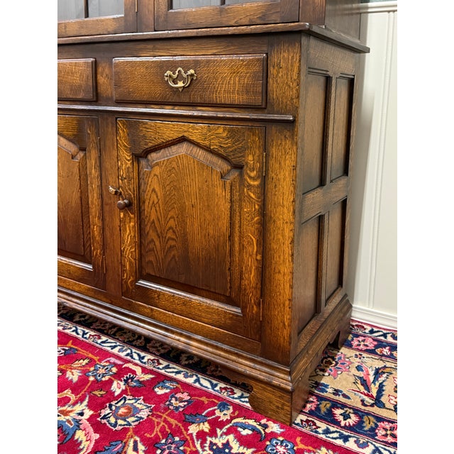 Antique English Large Bookcase Cupboard Cabinet Triple Door Glass Oak C. 1930s For Sale - Image 17 of 18