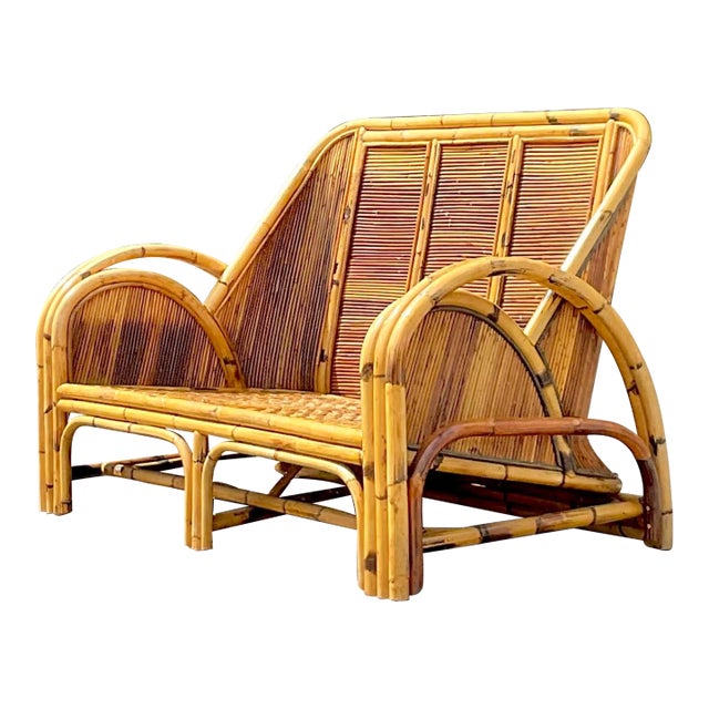 Vintage Coastal 1950s Pencil Reed Loveseat For Sale