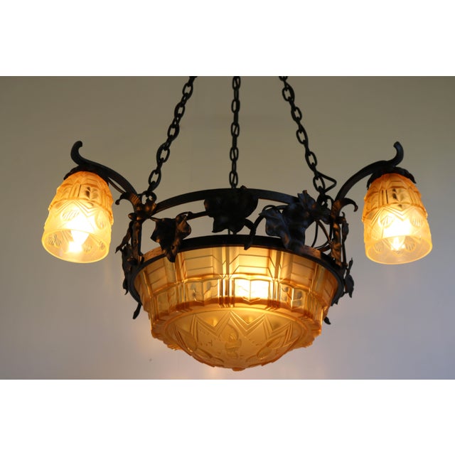 Vintage French Pendant Light in Wrought Iron by Muller Frères, 1930 For Sale - Image 3 of 14