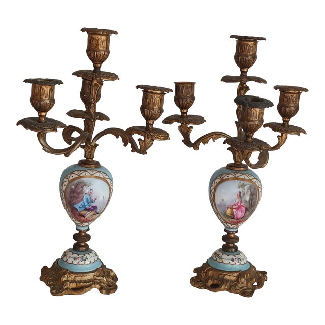 Antique French Sevres Porcelain Candelabras Gilt Bronze Ormolu 12 In. For Sale