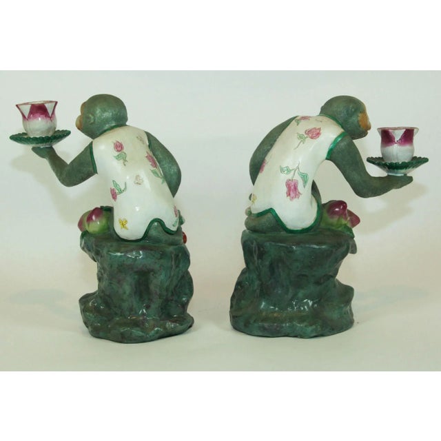 Pair of Vintage Chinoiserie Monkey Lotus Candleholders, Painted Resin For Sale In Palm Springs - Image 6 of 13