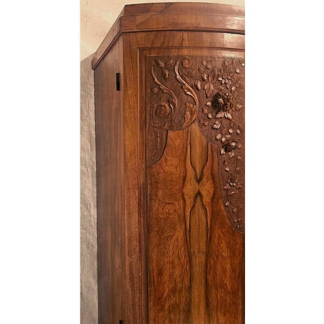 Antique French Burl Walnut Armoire Wardrobe Mirror Carved Cabinet Circas 1920s For Sale - Image 16 of 18