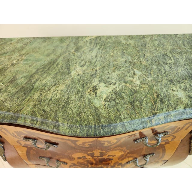 Elegant French Louis XV Style Rosewood Commode With Heavy Green Marble Top & Ormolu Mounts For Sale - Image 9 of 11