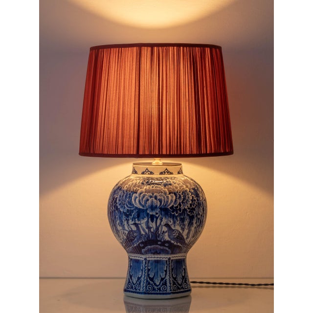 Large Blue and White Hand-Painted Table Lamp with New Terracotta Silk Lampshade from Royal Delft, 1948 For Sale - Image 14 of 16
