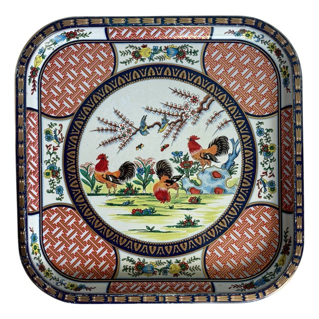 Vintage Daher English Chinoiserie Rooster Square Metal Tray For Sale