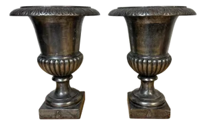 Pair of English Regency Silvered Cast Iron Egg-and-Dart Urns, Early 19th Century