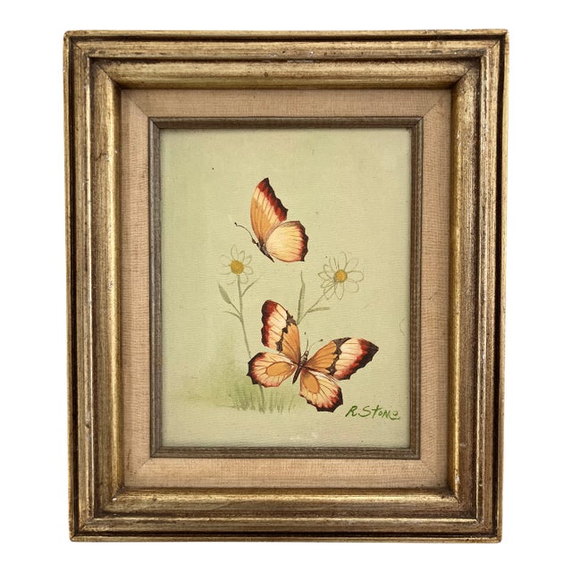 Vintage Butterfly Painting by R. Stone -- Mid-Century Oil on Canvas, Framed For Sale