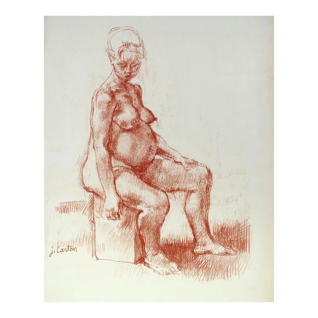 Pregnancy - Original Sanguine Drawing by Jean Carton - Mid 20th Century mid 20th century For Sale