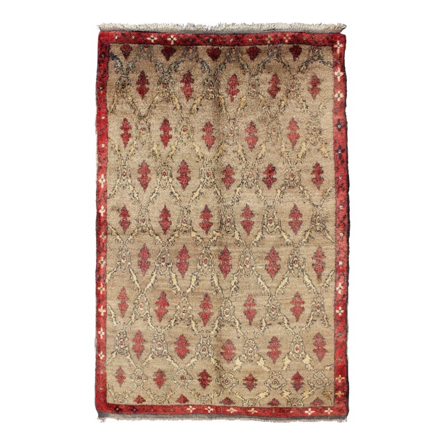 Turkish Tulu With Repeating Tribal Motifs on a Sand Field Surrounded by a Red Border For Sale