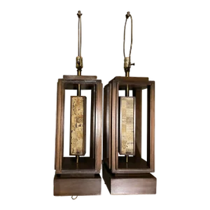 Pair of Mid-Century Walnut and Cork Spinner Table Lamps