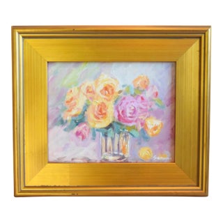 Bouquet of Pastel Floral Flowers Roses Oil Painting by Sean Wu Including the Antiqued Gold Wood Frame For Sale