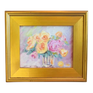 Bouquet of Pastel Floral Flowers Roses Oil Painting Including the Antiqued Gold Wood Frame