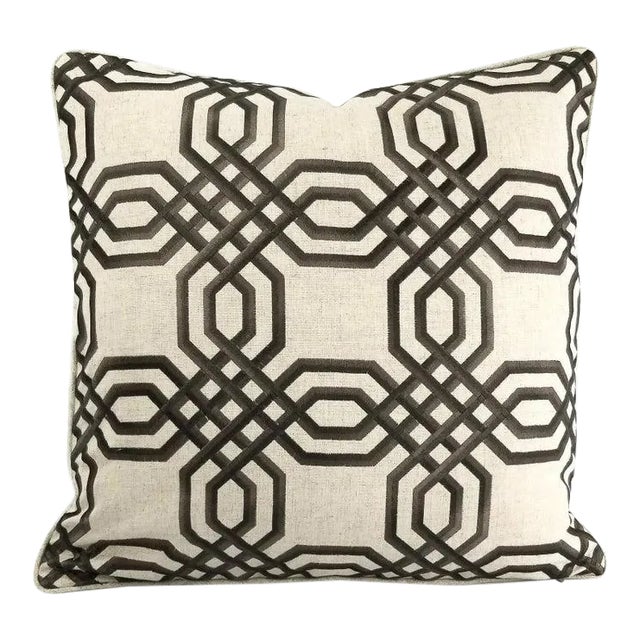 Brown Embroidered Geometric Design on Linen and Self-Welt Pillow Cover - 20" X 20" For Sale