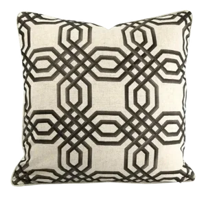 Brown Embroidered Geometric Design on Linen and Self-Welt Pillow Cover - 20" X 20"