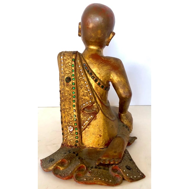 Thai Giltwood Hand Carved Pair of Mandalay Praying and Listening Monks For Sale - Image 4 of 12