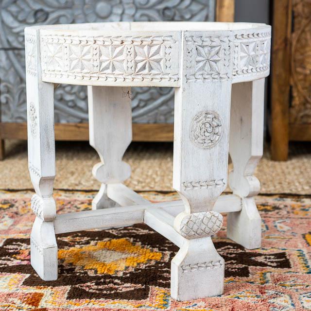 Indian Wooden Round White Wash Side Table | Chairish