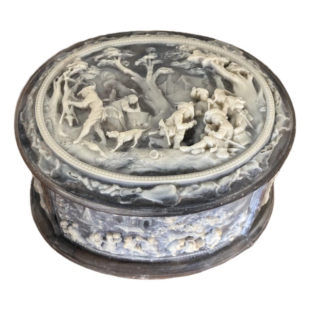 Mid 20th Century Marbled Brown Stone Incolay Box With Hunt Scene For Sale
