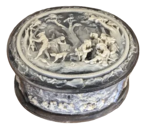 Mid 20th Century Marbled Brown Stone Incolay Box With Hunt Scene