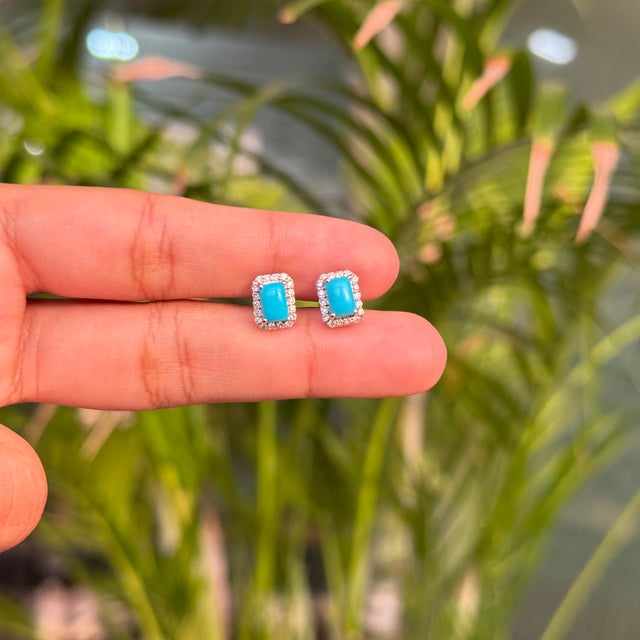 Modern 1.25 Carat Turquoise Stud Earrings With Diamonds in 18k Solid Gold- A Pair For Sale - Image 11 of 13