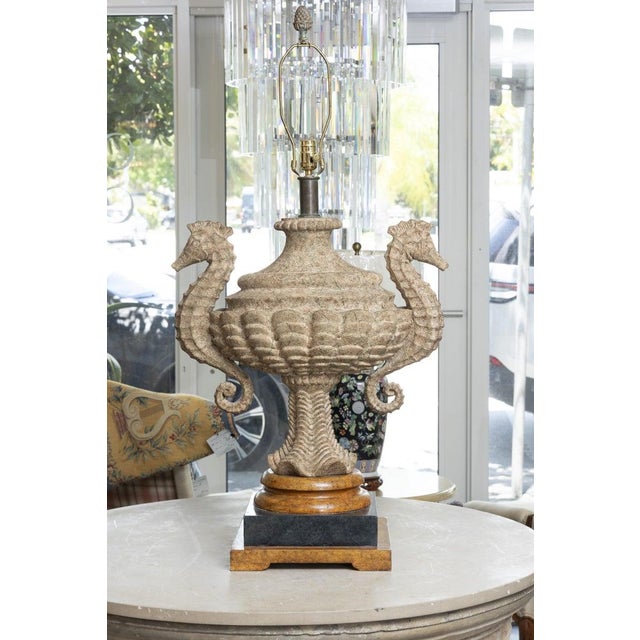 Coastal Pair of Monumental Carved Stone Sea Horse Urn Lamps For Sale - Image 3 of 8