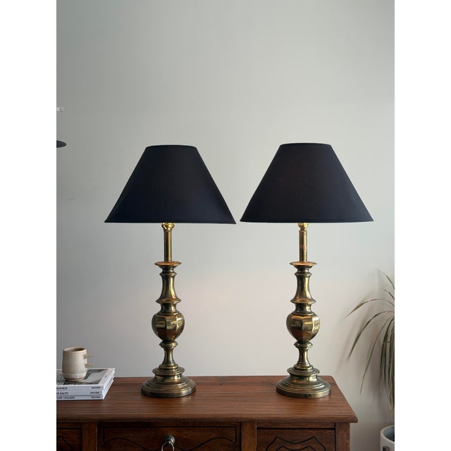 Vintage Stiffel Brass Neoclassical Baluster Table Lamps With Black Empire Shades - a Pair For Sale - Image 12 of 12