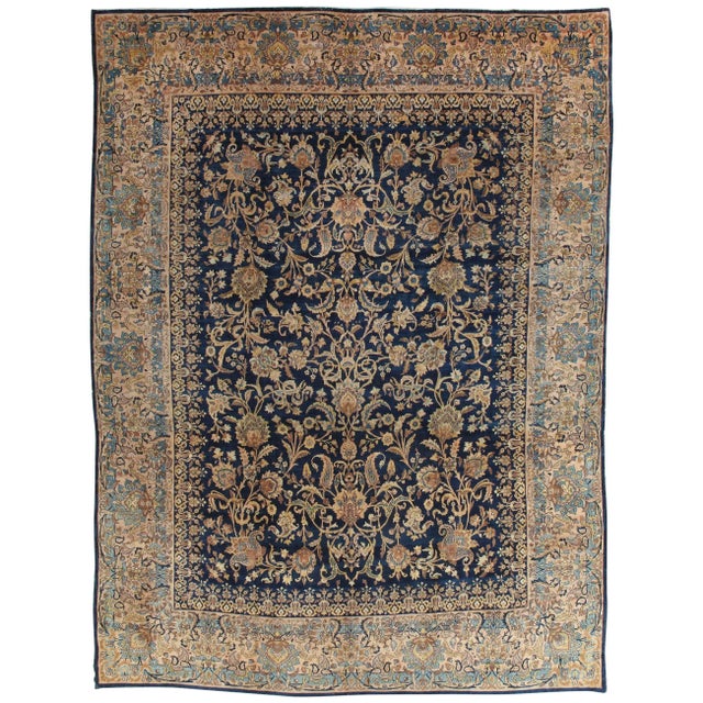 Antique Kerman Carpet, Handmade Persian Rug Wool Carpet, Navy, Gold, Ivory For Sale In New York - Image 6 of 6