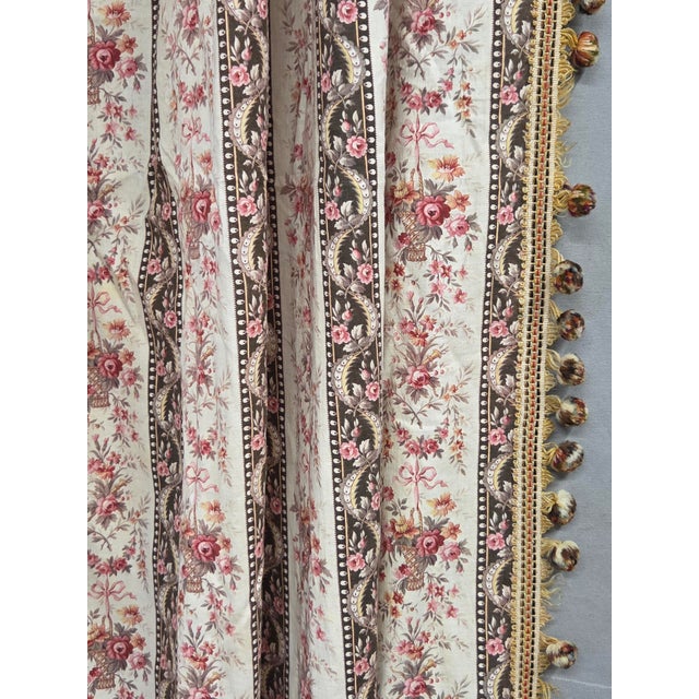 Early 20th Century Antique 1920s French Cotton Curtain Panel, Pink and Brown Stripe With Florals For Sale - Image 5 of 15