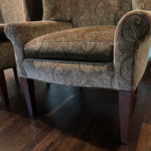 Traditional Pair of Custom Made Wingback Chairs in Paisley Corduroy, Perfect Condition For Sale - Image 3 of 12