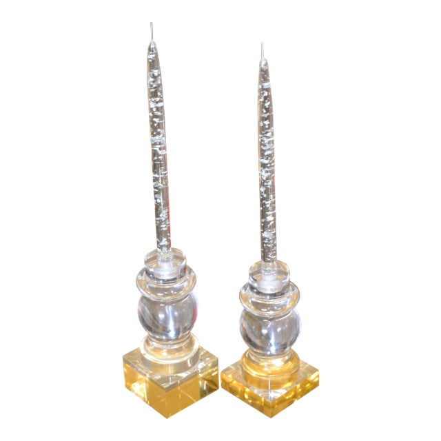 Modern Clear & Gold Turned Acrylic Candle Holders, Candlesticks, Pair For Sale