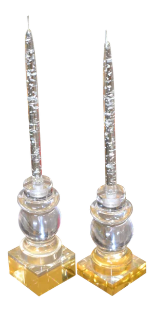 Modern Clear & Gold Turned Acrylic Candle Holders, Candlesticks, Pair