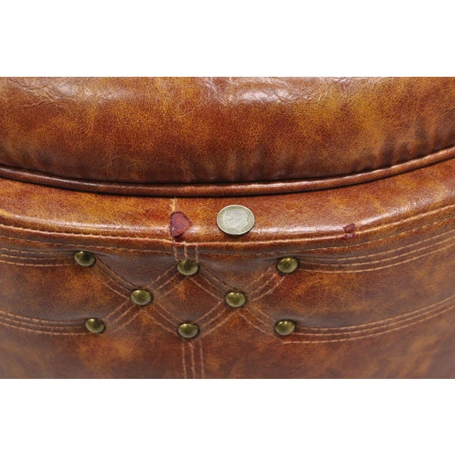 Contemporary Modern Moroccan Style Brown Faux Leather Round Storage Ottoman Pair For Sale - Image 9 of 15