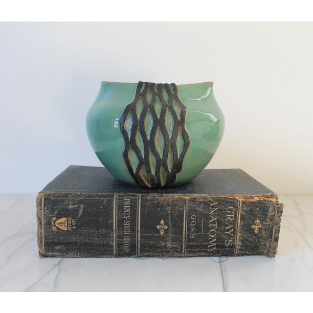 Handmade Turquoise Studio Pottery Vase With a Dark Geometric Pattern For Sale In Milwaukee - Image 6 of 8
