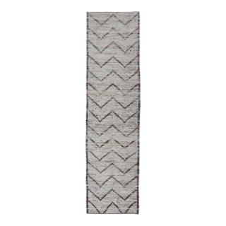 Modern Hand Knotted Runner in All-Over Design in Brown Color & Cream Background For Sale