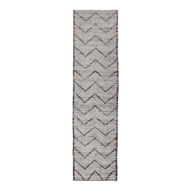 Modern Hand Knotted Runner in All-Over Design in Brown Color & Cream Background For Sale
