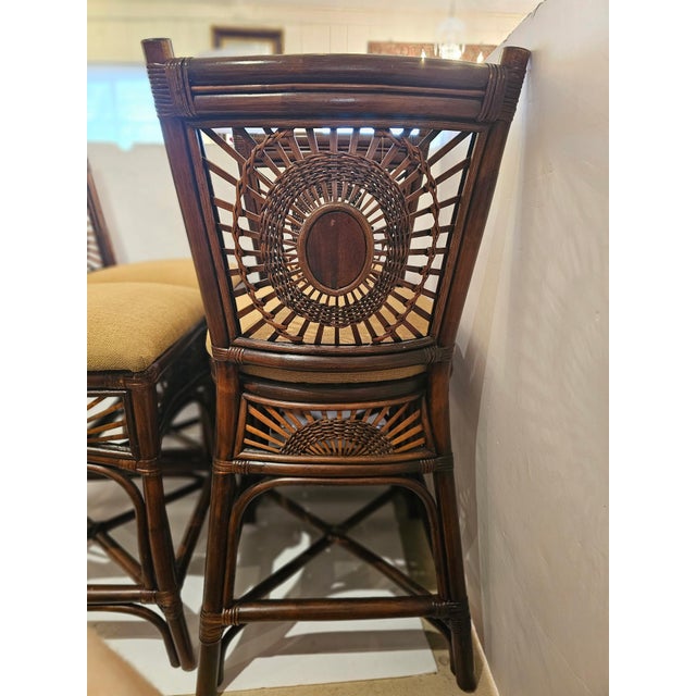 Bamboo Rattan & Upholstered Vintage Counter Stools With Backs -Set of 4 For Sale In Philadelphia - Image 6 of 12