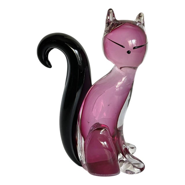 Italian Venetian Murano Art Glass Pink and Black Cat For Sale