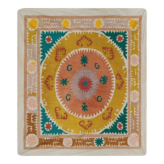 Artisan Suzani Table Cover, Vintage Uzbek Textile in Warm Tones 4'1'' X 4'5'' For Sale