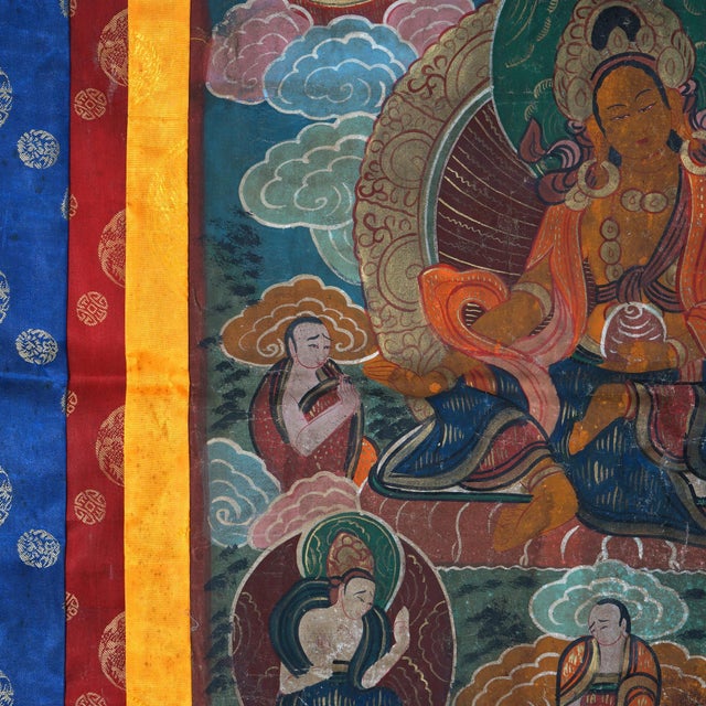 Early 20th Century Antique Tibetan Hand Painted Silk and Canvas Thangka with Figures, Circa 1920 For Sale - Image 5 of 12