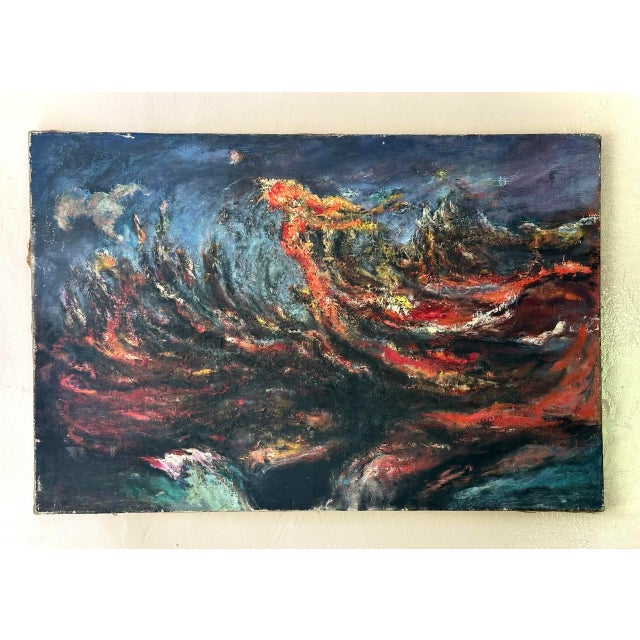 A cerebral and richly performed modern abstract painting by American painter Frank Spagnolo. The Mid-Century Modern oil on...