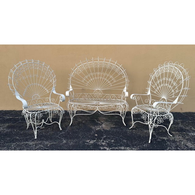 1950s Peacock Style Wrought Iron Set of Chairs With Matching Bench - Set of 3 For Sale - Image 11 of 11